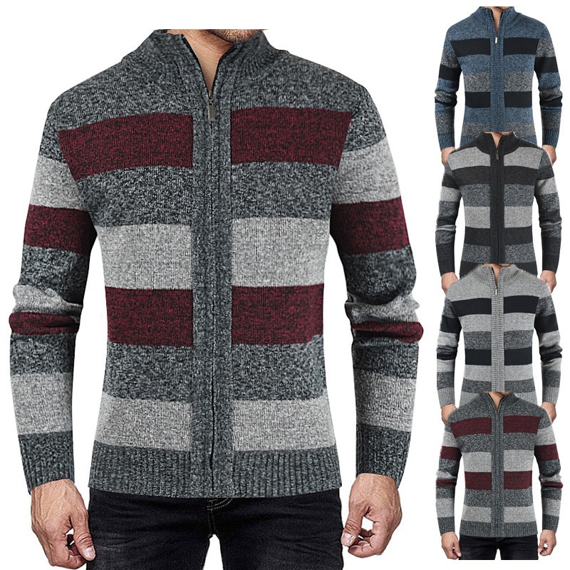 Wholesale Casual Stripd Long Sleeve Knitted Zipper Men Sweater Cardigan – Cardigan Knitwear and Plus Size Mens Sweaters price