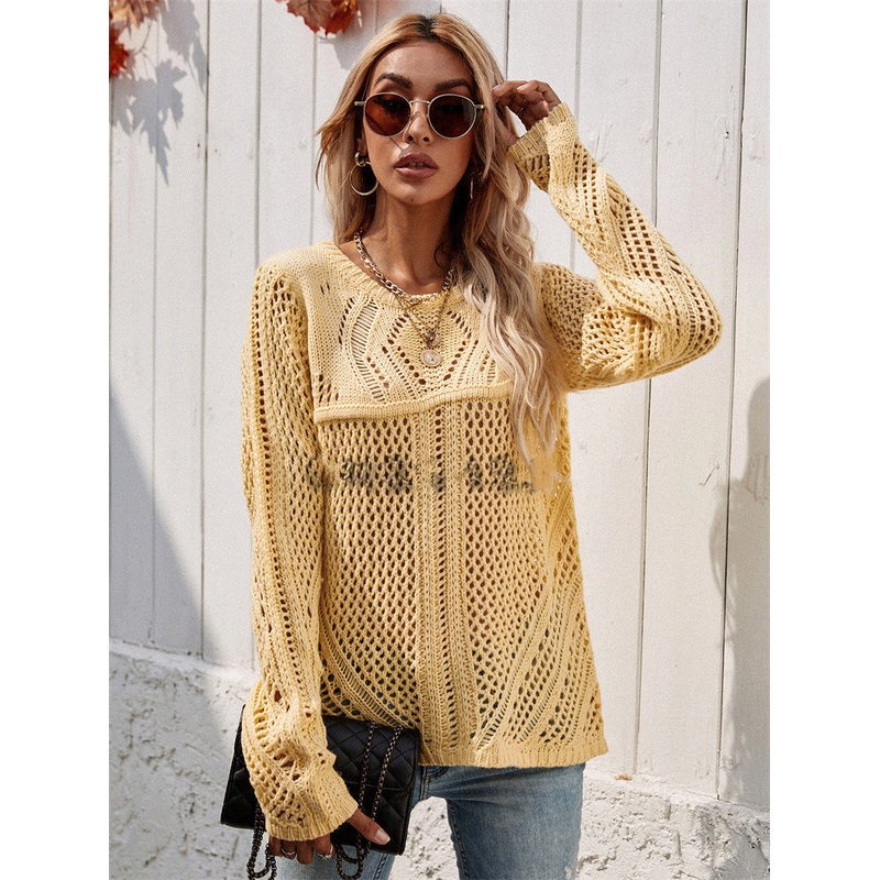 Women Fashion Spring Long Sleeve Hollow-out Loose Knit Pullover Sweater – Solid Sweaters and Women Spring Sweater price