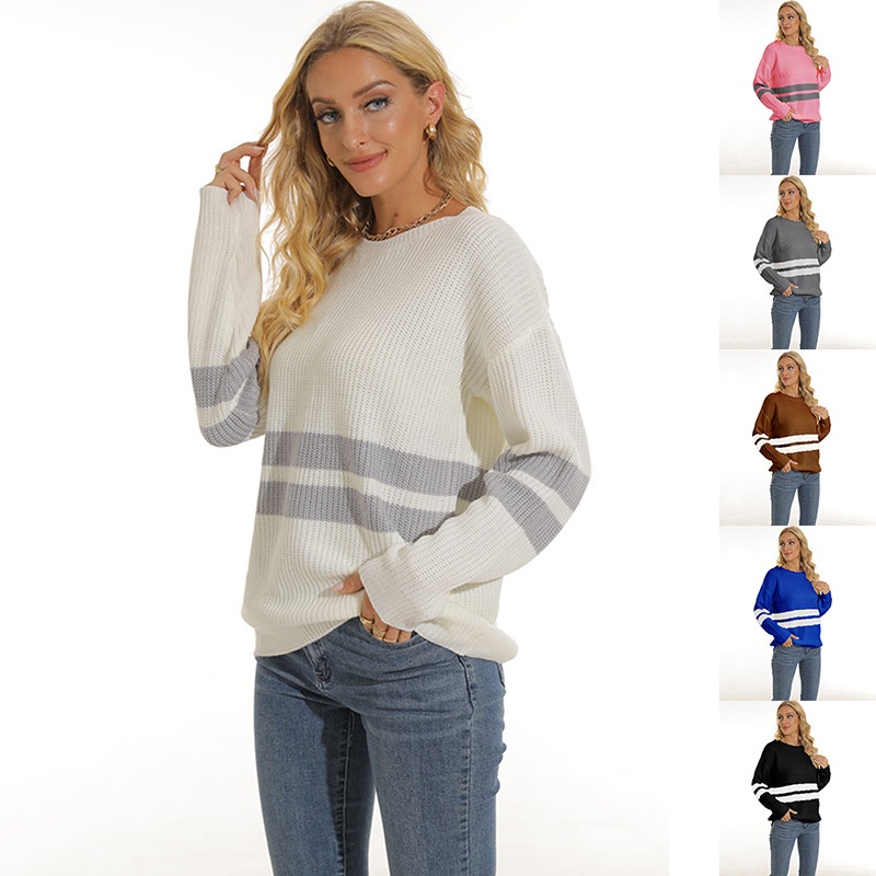 Women O-Neck Long Sleeve Striped Loose Knit Pullover Sweater – Oversized Sweater Women and Women Sweater Knitwear price