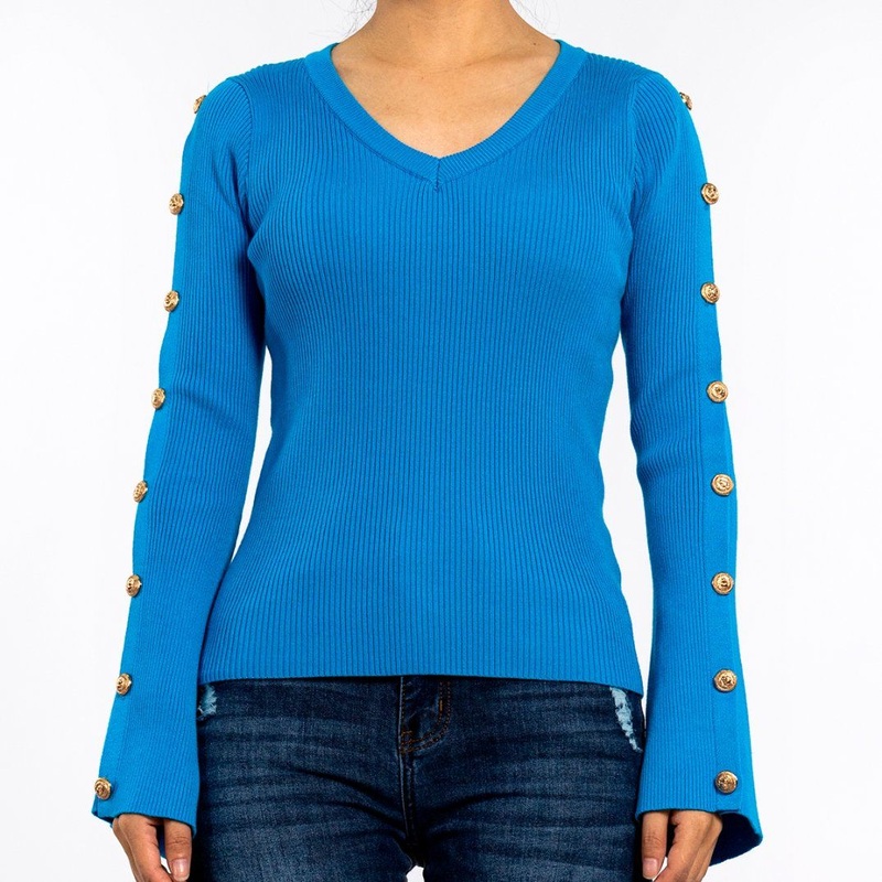 Autumn Sweater Metal Button Flared Sleeve Pullover Lake Green Sweaters for Women – Women Sweater and Pullover Sweater price