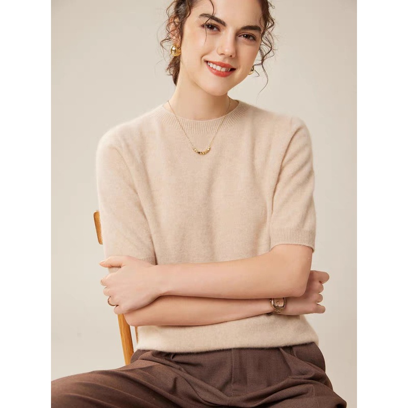 Fashion Single Knit Tee Spring Summer Women S Short Sleeve Plain Color Breathable Casual Elegant Sweater – Women Sweater Short Sleeve and Turtleneck Women Sweater price