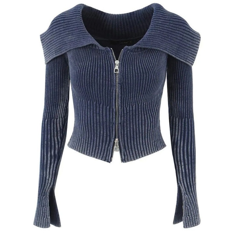 Fashion Womens Navy Crop Cardigan Sweater with Double Zippers – Women Clothes and Women Sweater price