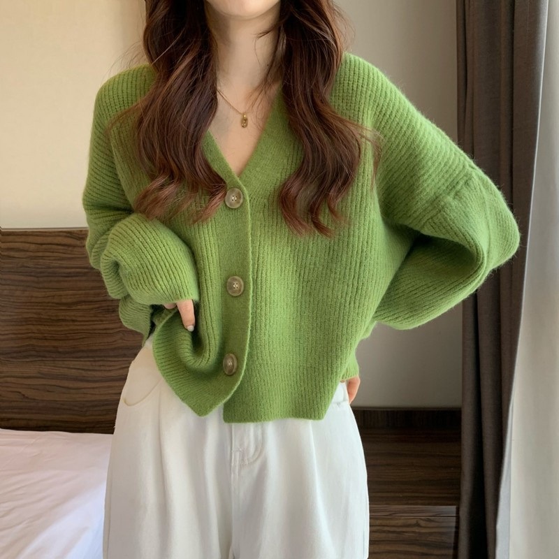 Nnr Cropped Sweater Women Knitted Cardigan V Neck Long Sleeve with Button – Sweater and Women Sweater price