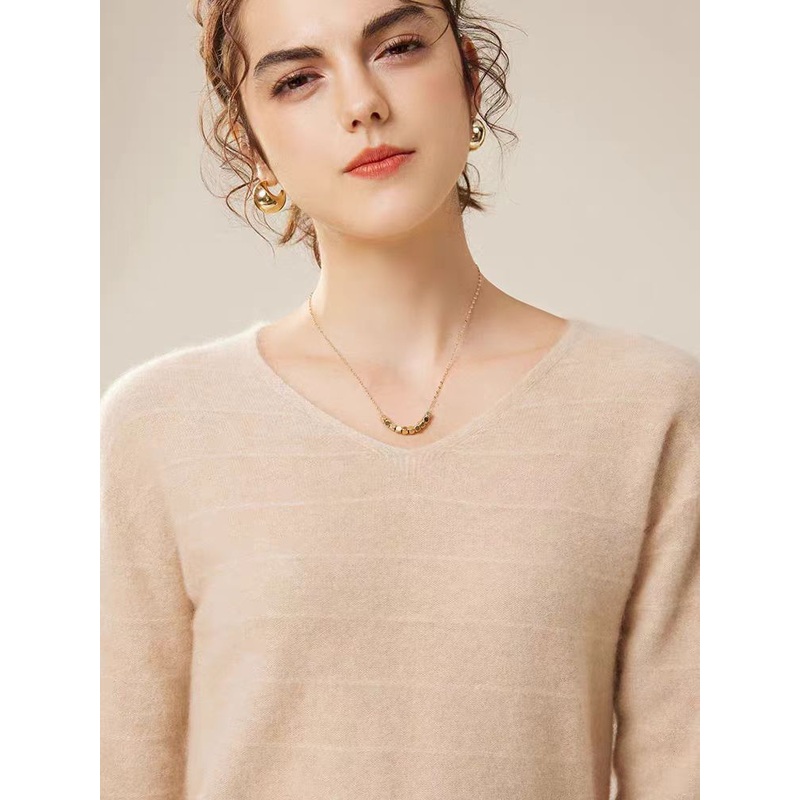 Pure Cashmere V Neck Beige Knitted Custom Logo Fashion Design Sweater for Women – Women Sweater and Turtleneck Women Sweater price