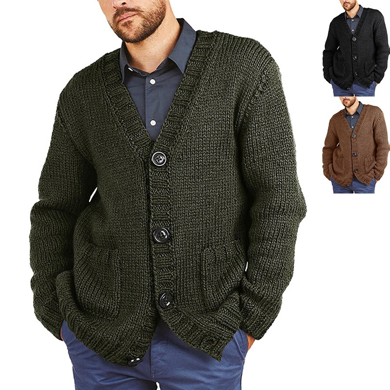 Solid Color V-Neck Long Sleeve Jacket Men Knit Sweater Cardigan – Men Cardigan Sweater and Custom Knitting Sweater price