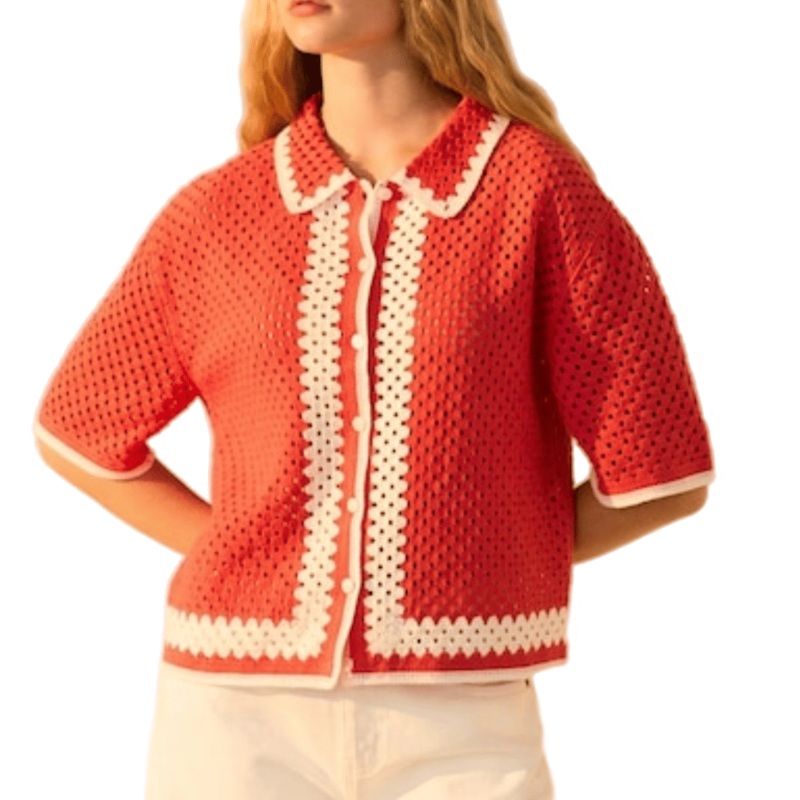 Stylish Red and White Knit Crochet Cardigan Sweater for Women – Cardigan Women Sweater and Crochet Short Sleeve Cardigan price