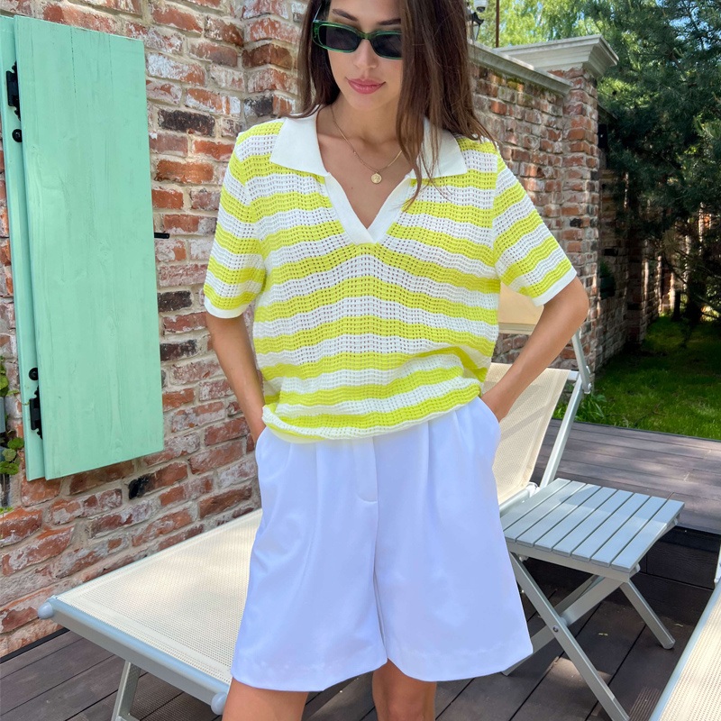 Viscose Blend Striped Knit Sweater for Summer, Ladies Short Sleeve V Neck Summer Knitting Top, No MOQ – Summer Sweater and Knit Sweater Short Sleeve price
