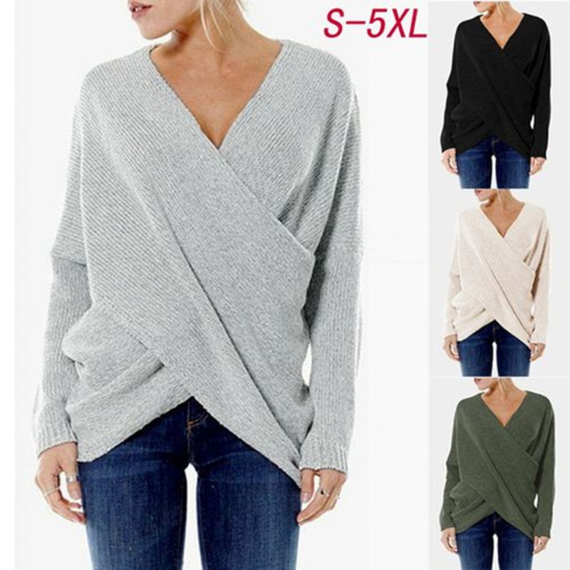 Women V-Neck Long Sleeve Irregular Loose Knit Pullover Sweater – Oversized Sweater Women and Custom Sweaters price