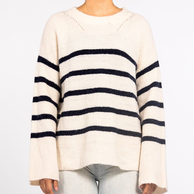 Womens Design Clashing Stripes Crew Neck Flared Sleeve Knit Pullover Sweater – Fall Fashion and Cable Knit Sweater price