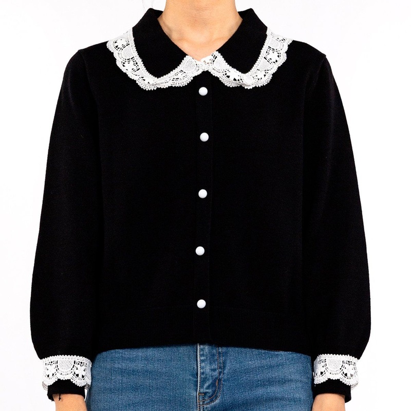 Womens Spring Black Lace Polo Neck Long Sleeve Sweater Cardigan – Sweaters Women Tops and Wholesale Cardigan price