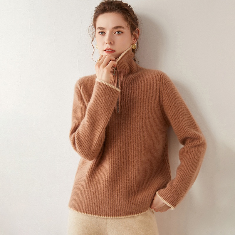 Zip High Lapel Solid Colour Cashmere Knit Fashion Loose Sweater for Lady – Everyday Clothing and Womens Garments price