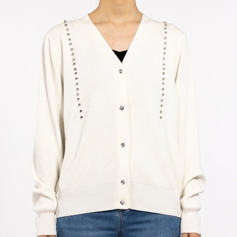 Autumn Hot Diamond Stamping V-Neck Long Sleeve Slim White Knitted Sweater Cardigan Women – Knit Top and Fashion Clothing price
