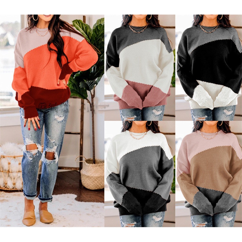 Autumn Winter Women Casual Stitching Color Knit Pullover Sweater – Womens Knitted Winter Sweater and Design Sweater price