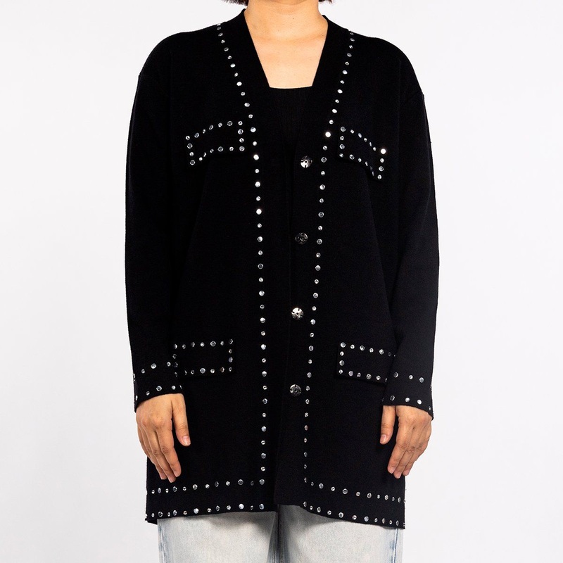 Black Studded V-Neck Long Sleeve Loose Knit MID-Length Cardigan for Women – Ladies Sweater and Chenille Sweater price