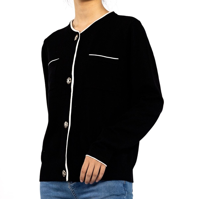 Black White Clash Color with Pockets Slim Long Sleeve Knitted Cardigan Sweater Women – Spring Cardigan and Knit Top price