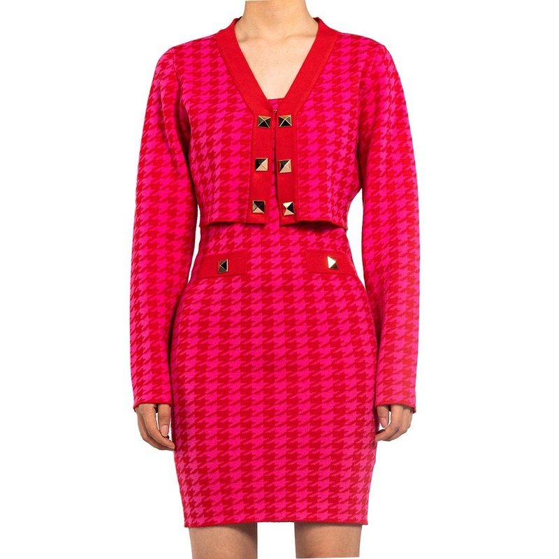 Custom Slim Houndstooth V-Neck Long Sleeve Cardigan Sweater Knit Dress Sets Two Piece Women – Knit 2 Piece Set and Knit Lounge Set price