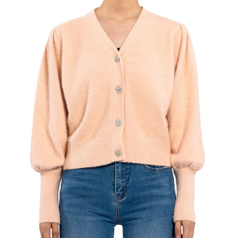 Faux Sable V-Neck Lantern Sleeve Knit Sweater College Style Women Cardigan – Outerwear and Cotton Cardigan price