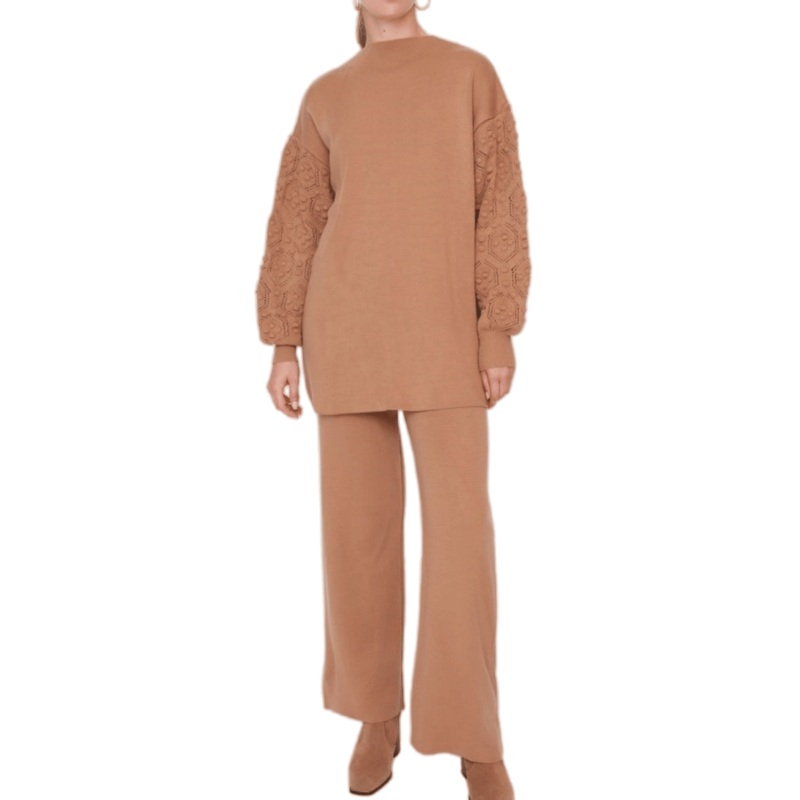 Khaki Knit Sweater Set Casual Style for Women – Knit Women Set and Women Two-Piece Set price