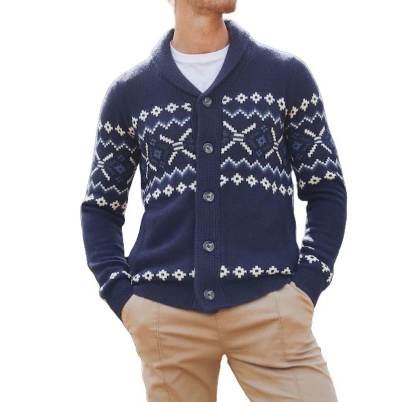Navy Jacquard Pattern Shawl Collar Knitted Cardigan Sweater for Men – Jacquard Cardigan Sweater and Navy Jacquard Cardigan price