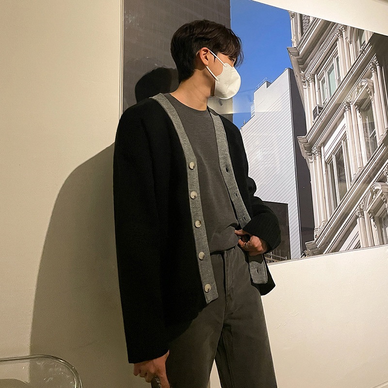 New Arrivals Mens V Neck Button Down Cardigan Long Sleeve Crewneck New Korean Loose Knit Sweater Cardigan – Loose Knit Sweater and V Neck Pullover price