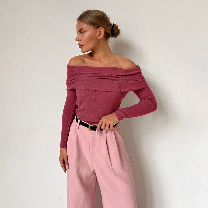 Spring Feminine Slim Solid Color Pullover One-Line Collar Long Sleeved off-Shoulder Sweater – Color Contrast Element and Casual Top price