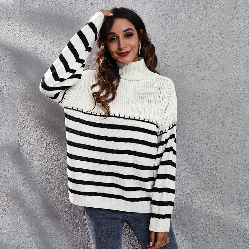 Striped High Neck Winter Women Long Sleeve Pullover Sweaters – Pullover Sweater and Design Sweater price|<span style="color:black;"><span><span><span>Color: