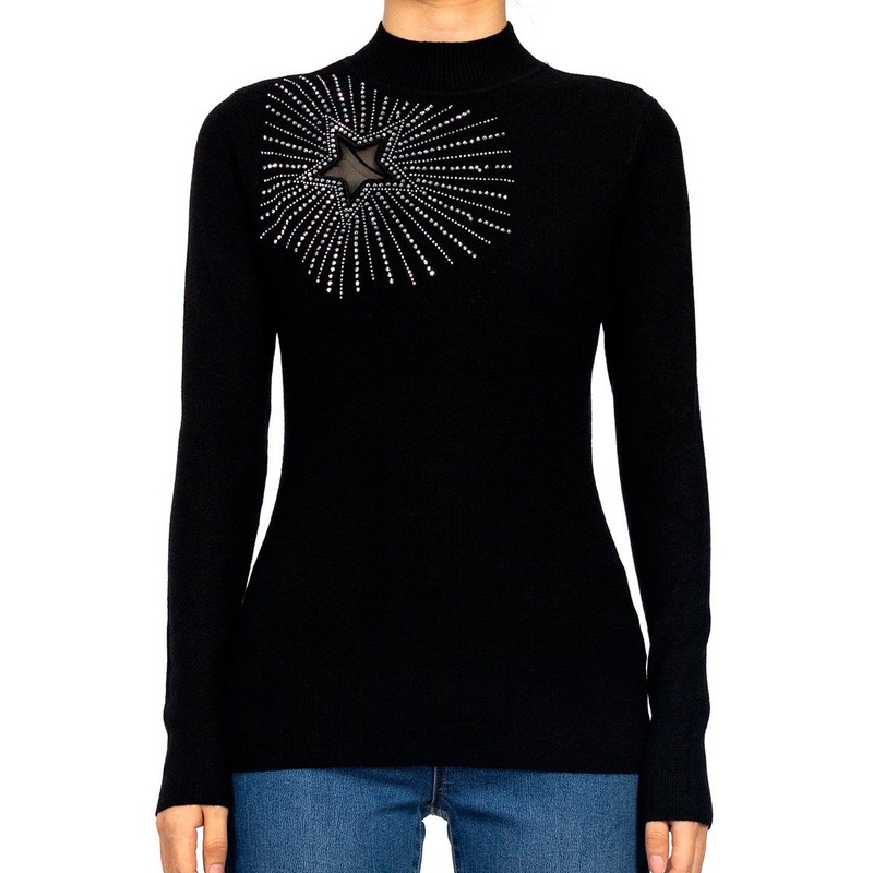 Winter MID-High Neck Hot Rhinestone Hollowed out Star Knit Black Sweater for Women – Autumn Sweater and Fall Outfits for Women price