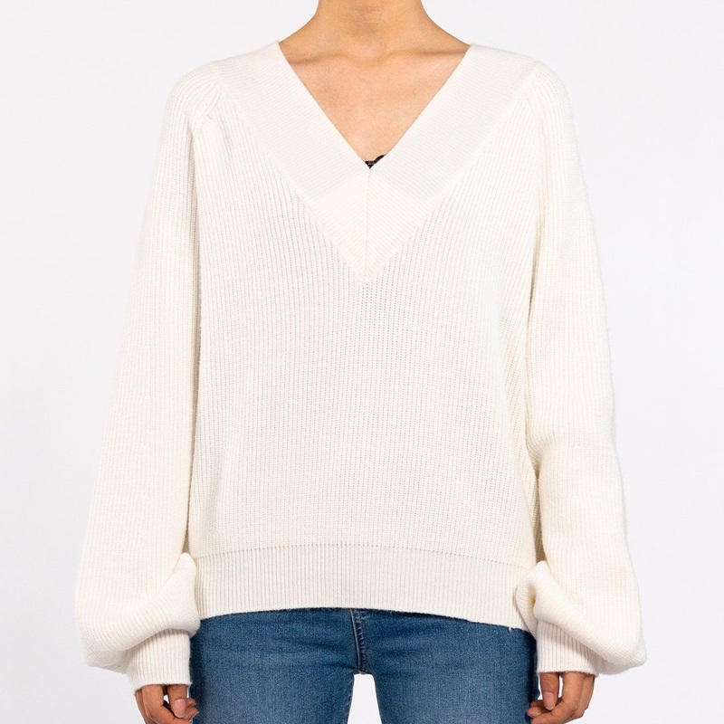 Womens Casual White Ribbed Knit Bubble Sleeve V-Neck Pullover Sweater – Fashion Sweater and Custom Knit Sweater price