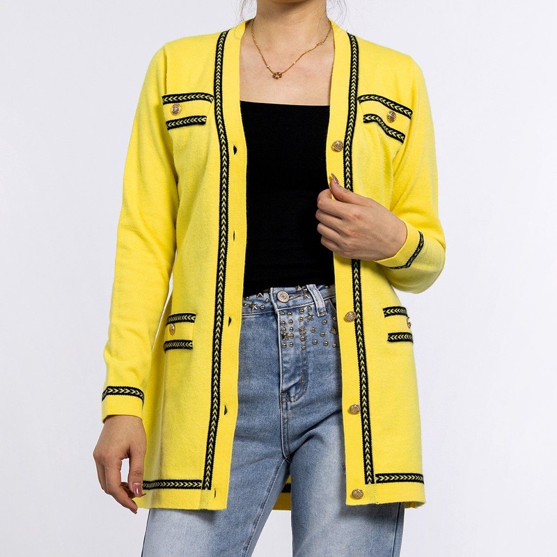 Womens Yellow Collision Tweed Edge V Neck Long Sleeved Long Sweater Cardigan for Women – Ladies Sweater and Fall Sweater for Women price