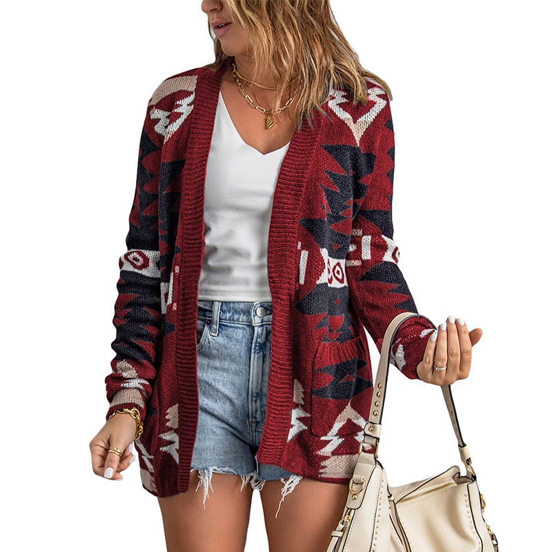 Autumn Winter Women Vintage Knit Print Loose Coat Sweater Cardigan – Knit Cardigan and Long Cardigan Women price