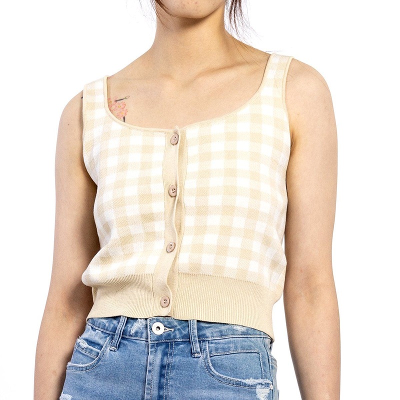 Custom Sling Sexy Knitted Cotton Grid Printed Backless Sleeveless Women Casual Top – Women Top and Women Shirts price