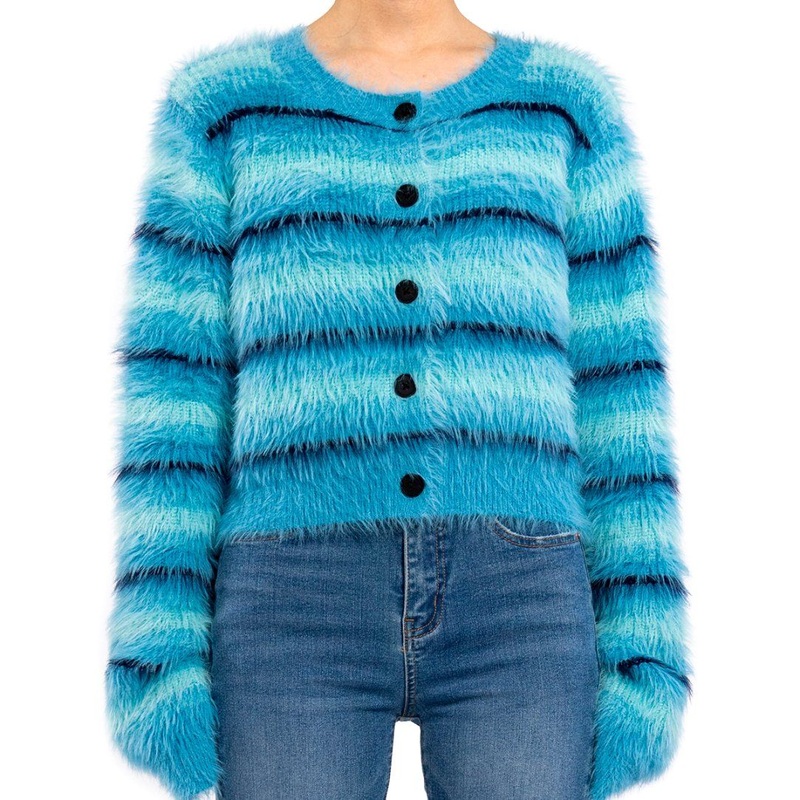 Design Blue Striped Gradient Long Fur Faux Mink Short Women Cardigan Sweater – Jacket and Outerwear price