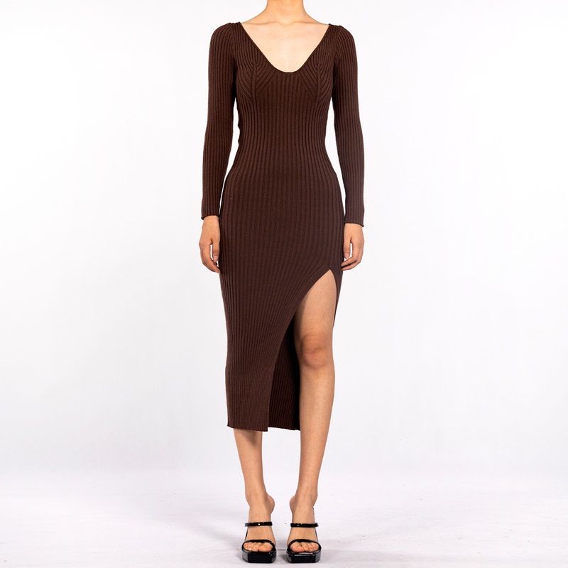 Fashion Solid Color Deep V Neck Tight Split Ribbed Knit Sexy Dresses Women – Sexy Drees and Lady Dress price