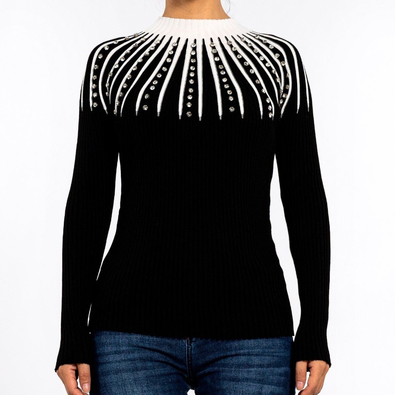 Knitted Round Neck Beaded Long Sleeve Pullover Black Sweaters for Women – Women Sweater and Striped Sweater price