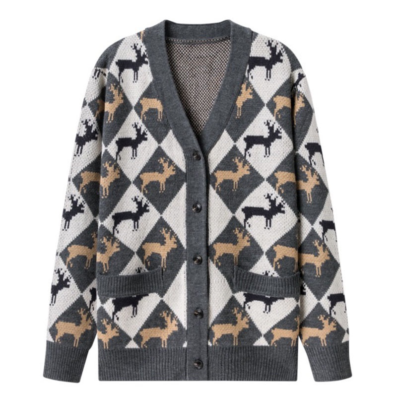 Mens V-Neck Loose Knitted Cardigan Christmas Reindeer Jacquard design Sweater – Sweater and Men Sweater price