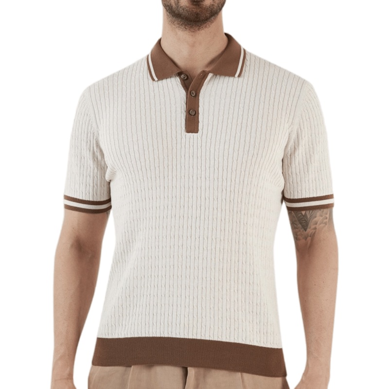 Stylish Beige Cable Knit Polo Collar Short Sleeve Sweater for Men – Polo Sweater and Men Short Sleeve Sweater price