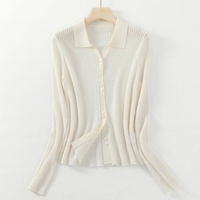 Trendy Ladies Fashionable Polo Collar Double Button Thin Ribbed Knitting Cardigan Sweater – Sweater and Cardigan price