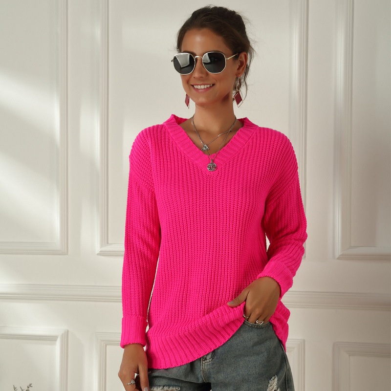 V-Neck Women Fluorescent Color Long Sleeve Knit Pullover Sweater – Custom Sweaters and Women Knit Sweater price