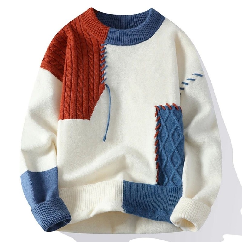 White Patchwork Knit Sweater – Perfect for Casual Wear for Men – Patchwork Men Sweater and Colorful Patchwork Sweater price