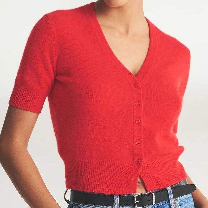 Womens Fashion Half Sleeve Button Front V-Neck Ladies Tomato Red Cashmere Cardigan – Sweater and Cashmere price