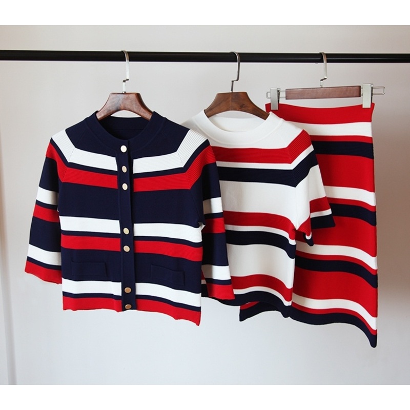 Womens Knitwear Three-Piece Suit Stripe Pattern Coat T-Shirt Dress – Knitweat and Pullover Sweater price