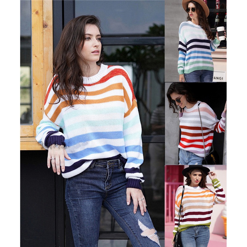 2022 Wholesale Winter Women Loose Striped Knit Pullover Sweater – Womens Knitted Winter Sweater and Long Sleeve Sweater price