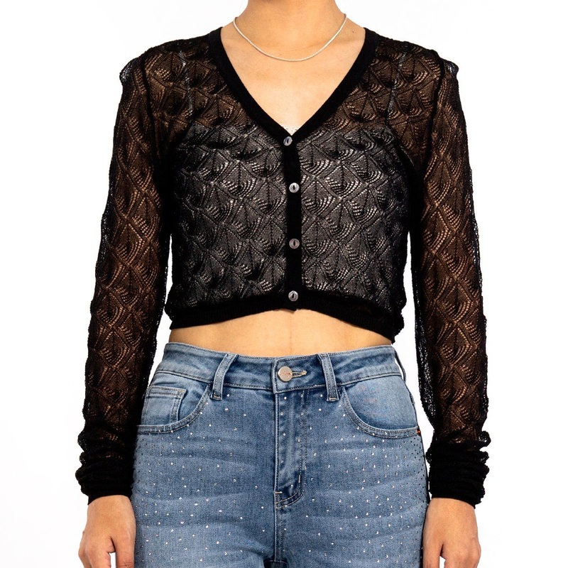 Black Lightweight Knit Top V-Neck Long Sleeve Lightweight Lace Cardigan for Women – Fashion Clothing and Women Sweater price