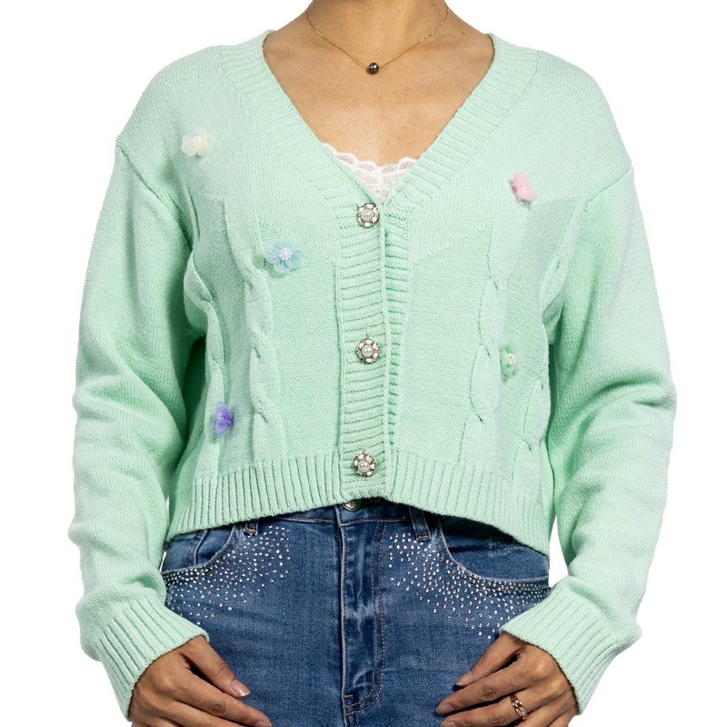 Spring Knitted Hand Embroidered Flower Sweater Long Sleeve Green Cardigan for Women – Women Sweater and Fall Cardigan price