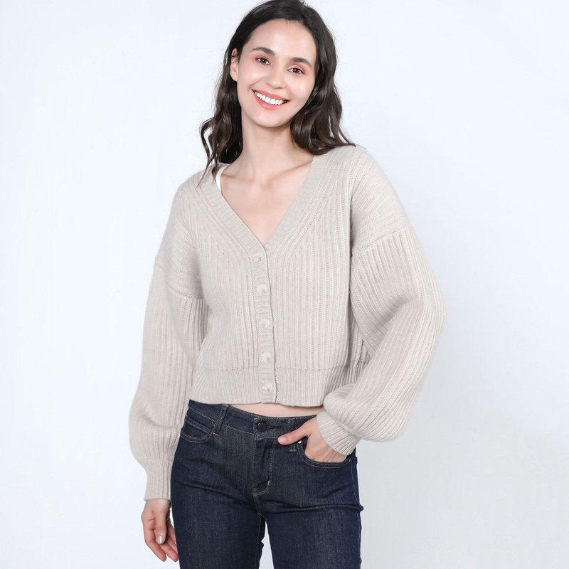 Winter Merino-Wool & Cashmere Blend Rib Crop V-Neck Balloon Sleeve Cardigan – Sweater and Cardigan price