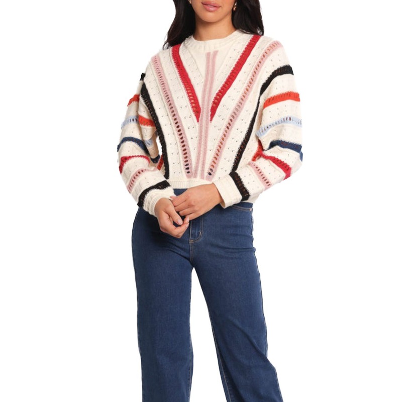 Beige Color Pullover Sweater with Colorful Stripe Design – Women Sweater and Knit Sweater price