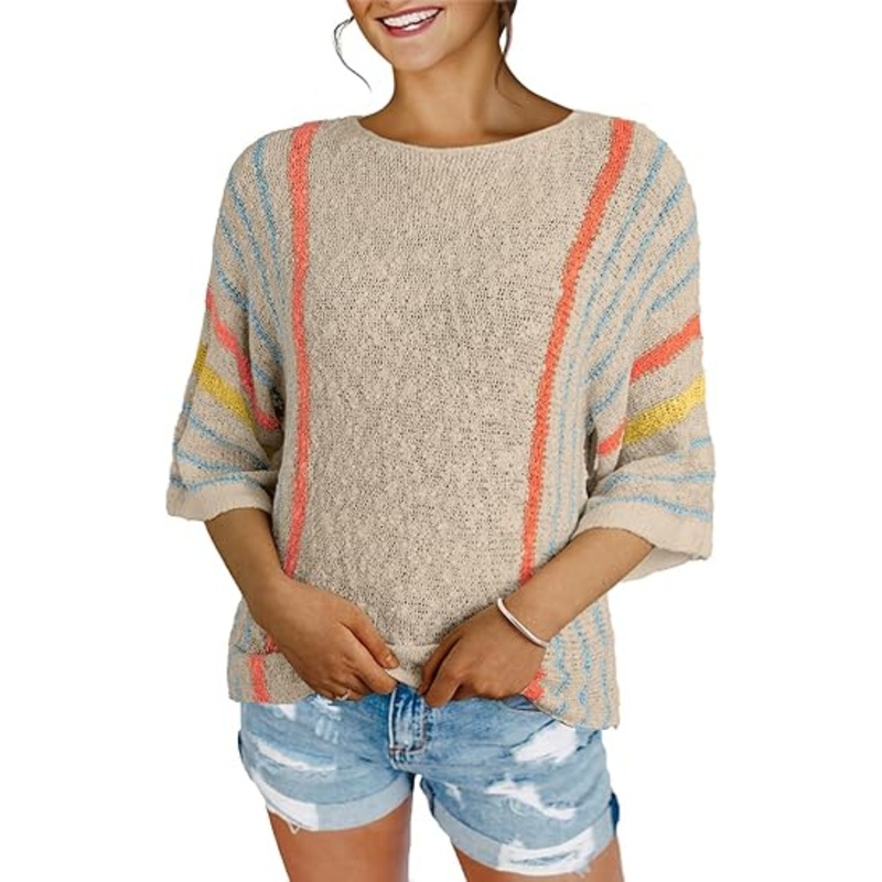 Block Striped Lightweight Knit Trendy Boho Clothes Women Pullover Sweater – Knit Pullover Sweater and Striped Knit Pullover Sweater price