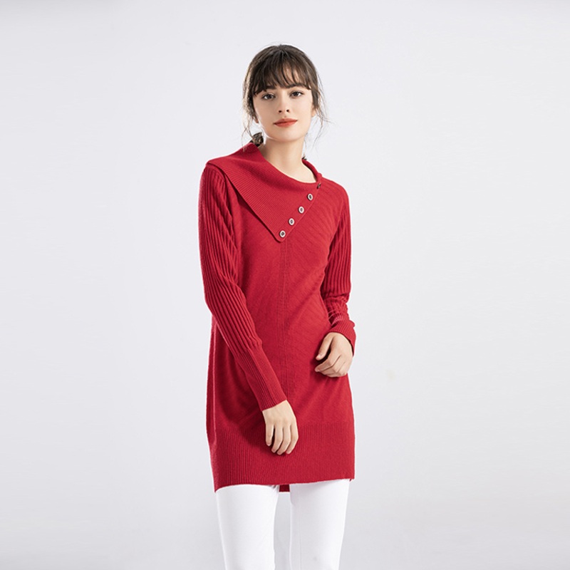 Midle Length Red Loose Turnover Collar Casual Outer Wearing Womens Clothes Garments Sweater – Loose Sweater and Pullover Sweater price