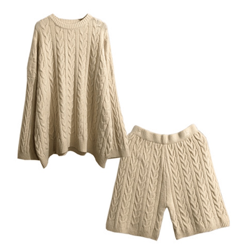 New Style Cable Knitting Cotton Sweater Long Sleeve Shorts Set for Women and Girls of Autumn and Winter – Cotton Long Sleeve Sweater and Sweater and Shorts for Girls price