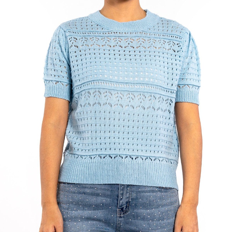 Summer Light Blue Hollow Crochet Round Neck Slim Knit Tops Short Sleeve Lightweight Sweater for Women – Pullover Sweaters and Ladies Sweaters price